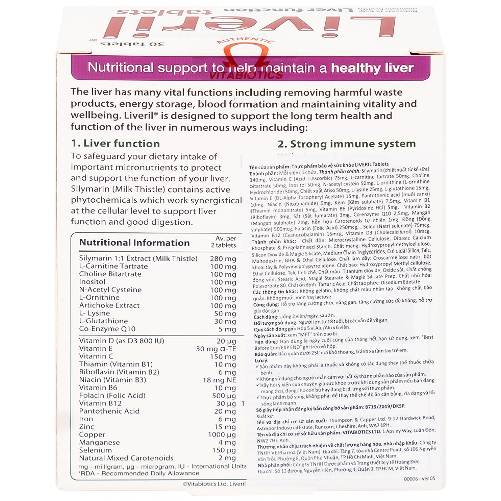 Hình ảnh Viên uống Liveril Vitabiotics hỗ trợ tăng cường chức năng gan, tăng cường đề kháng (5 vỉ x 6 viên)