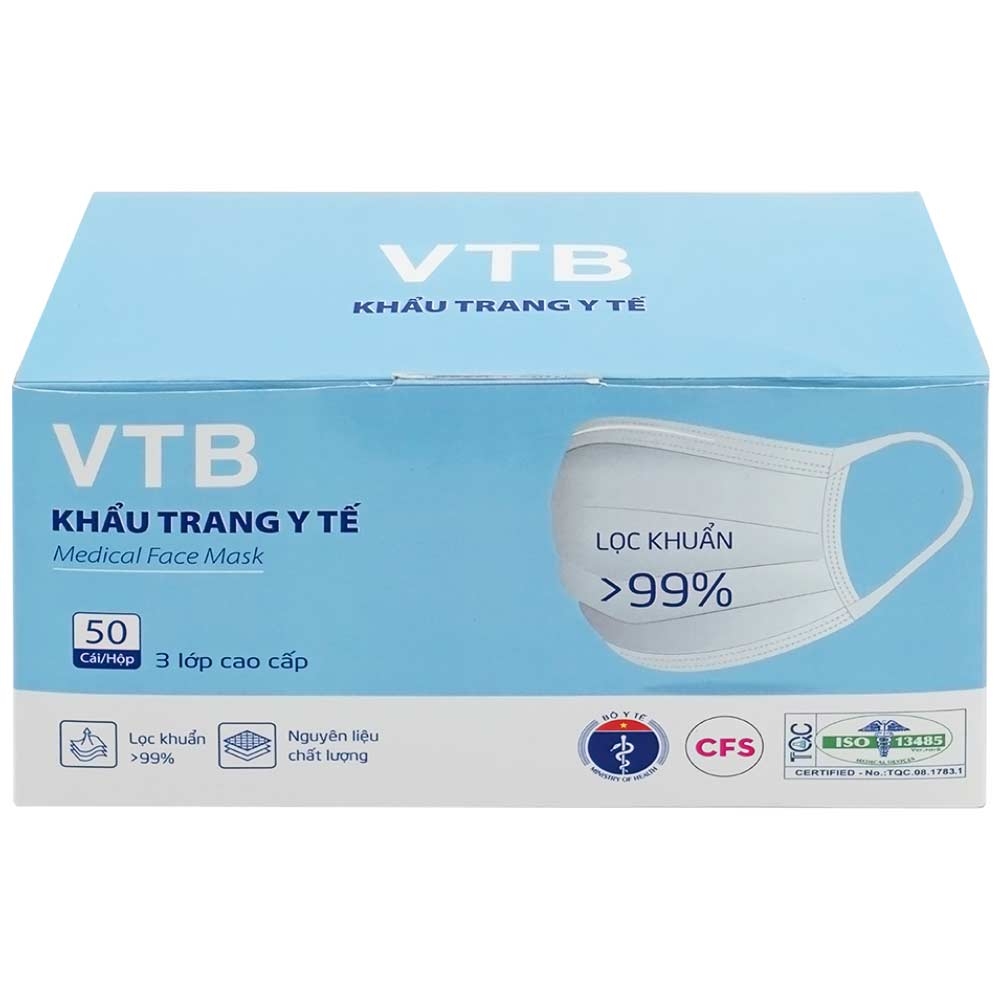 Hình ảnh Khẩu trang y tế VTB màu trắng 3 lớp hỗ trợ ngăn khói, bụi, kháng khuẩn (50 cái)