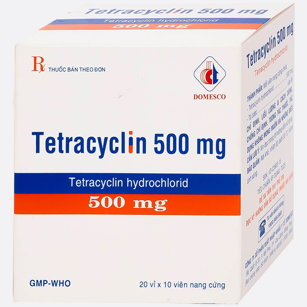 Hình ảnh Thuốc Tetracyclin 500mg Domesco điều trị nhiễm khuẩn do vi khuẩn nhạy cảm (20 vỉ x 10 viên)