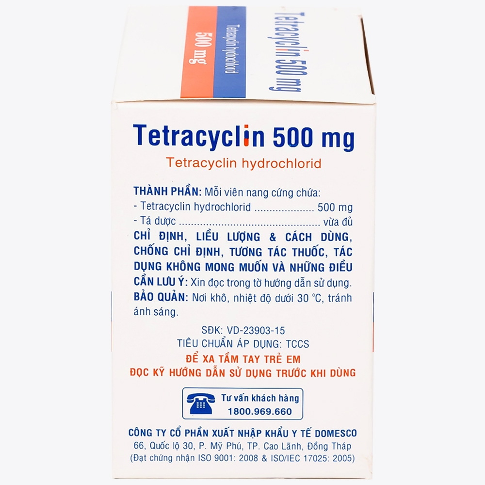 Hình ảnh Thuốc Tetracyclin 500mg Domesco điều trị nhiễm khuẩn do vi khuẩn nhạy cảm (20 vỉ x 10 viên)