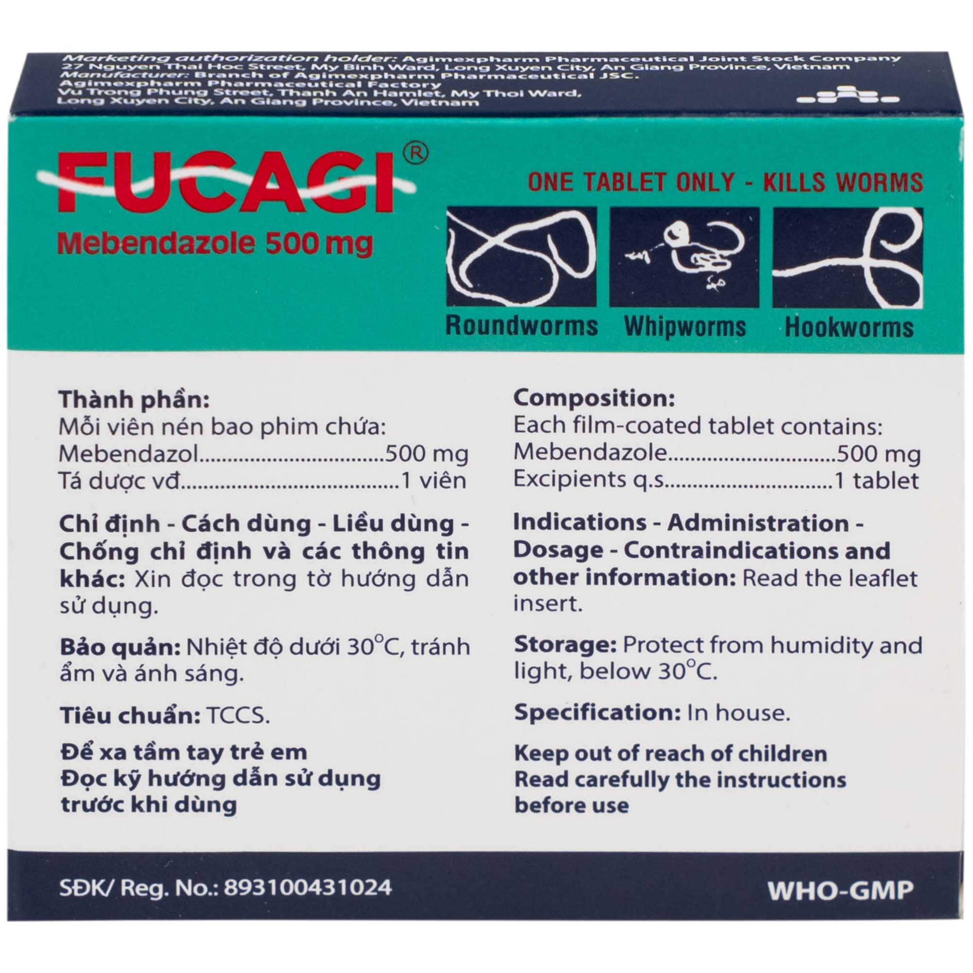 Hình ảnh Thuốc Fucagi 500mg Agimexpharm điều trị nhiễm một hoặc nhiều loại giun đường ruột (1 viên)