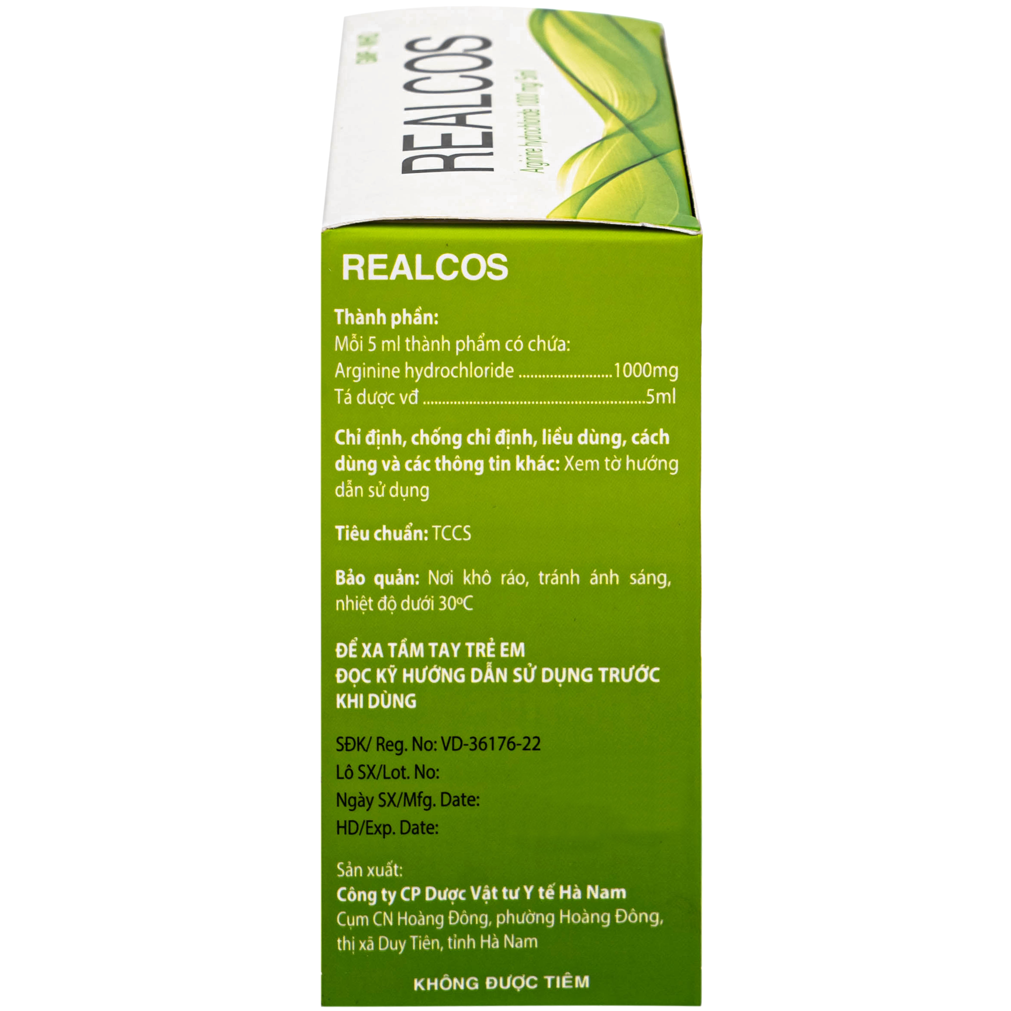 Hình ảnh Thuốc Realcos 1000mg/5ml Hà Nam điều trị các bệnh lý liên quan đến rối loạn chu trình urê, bao gồm thiếu hụt các enzyme (20 ống)