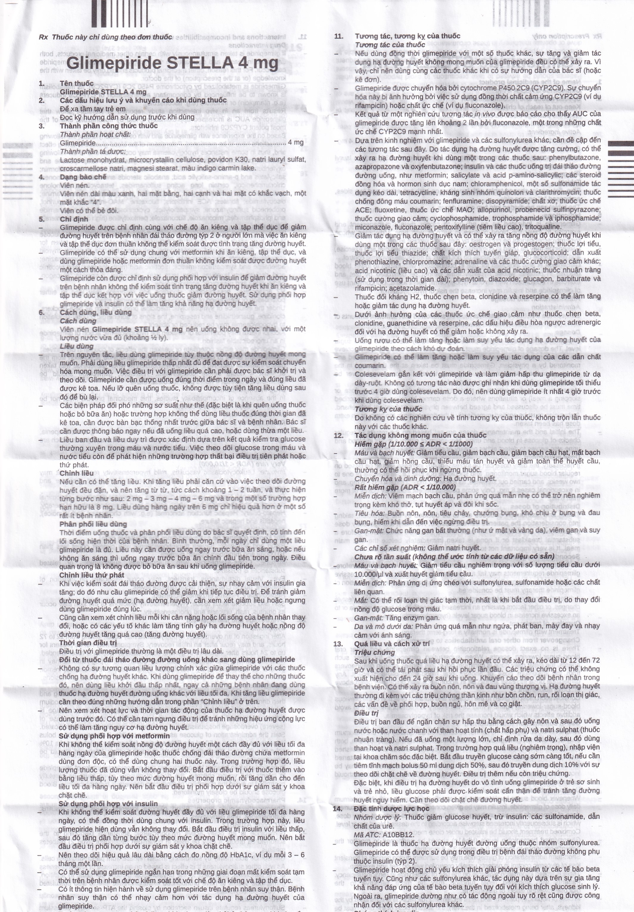 Hình ảnh Thuốc Glimepiride 4mg Stella Pharm giảm đường huyết cho bệnh đái tháo đường típ 2 (6 vỉ x 10 viên)