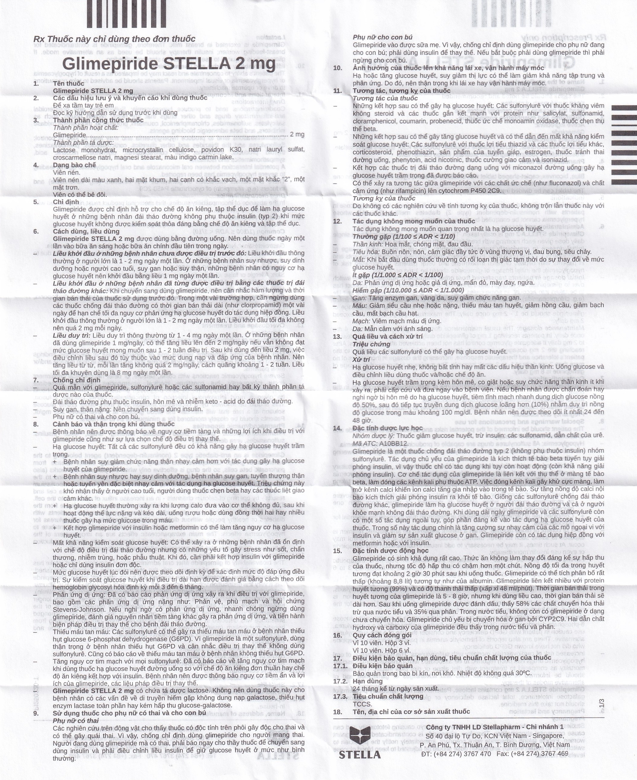 Hình ảnh Thuốc Glimepiride Stella 2mg kiểm soát đường huyết cao ở bệnh tiểu đường típ 2 (3 vỉ x 10 viên)