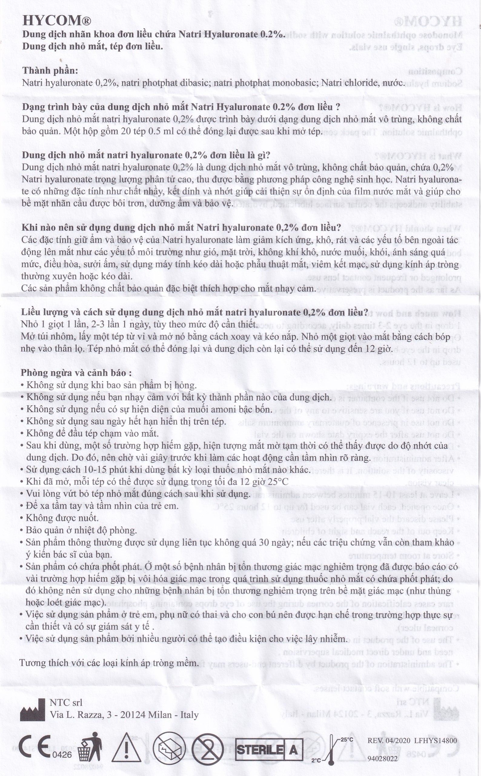 Hình ảnh Dung dịch nhỏ mắt Hycom Sodium Hyaluronate 0.2% NTC Pharma giảm kích ứng, khô, rát mắt (20 ống x 0.5ml)