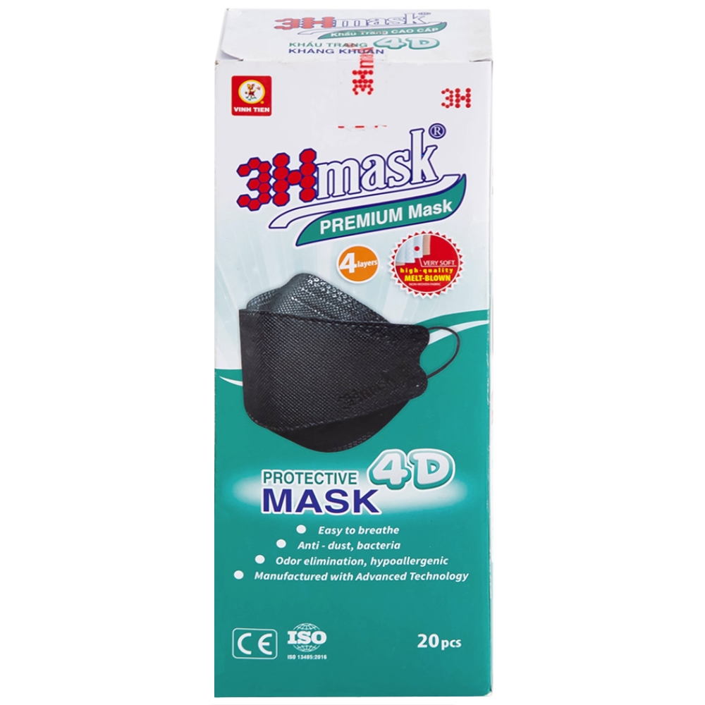 Hình ảnh Khẩu trang y tế cao cấp 3Hmask Vĩnh Tiến 4D màu đen hỗ trợ ngăn khói, bụi, kháng khuẩn (20 cái)