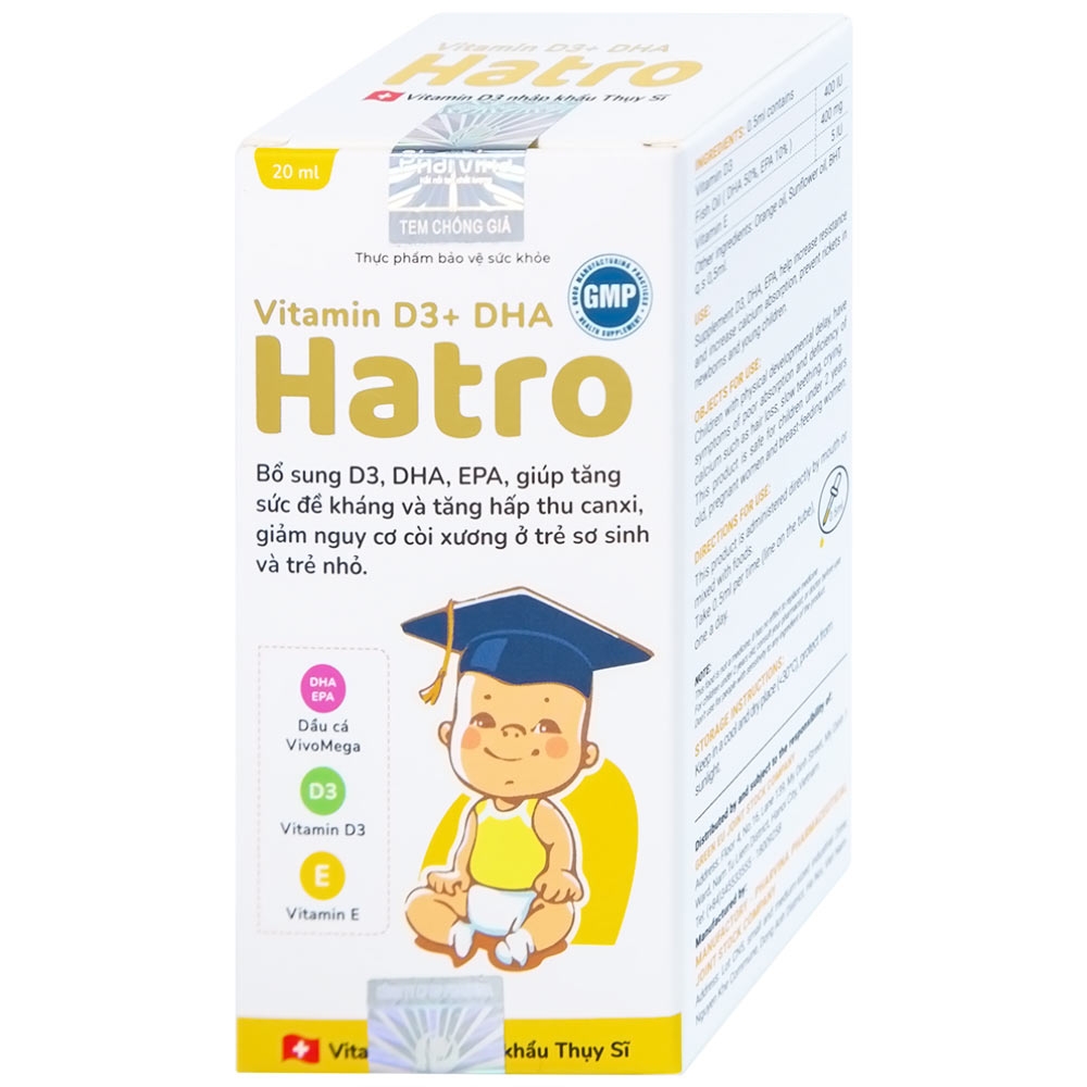 Hình ảnh Dung dịch Vitamin D3+ DHA Hatro Pharvina tăng sức đề kháng, giảm nguy cơ còi xương (20ml)