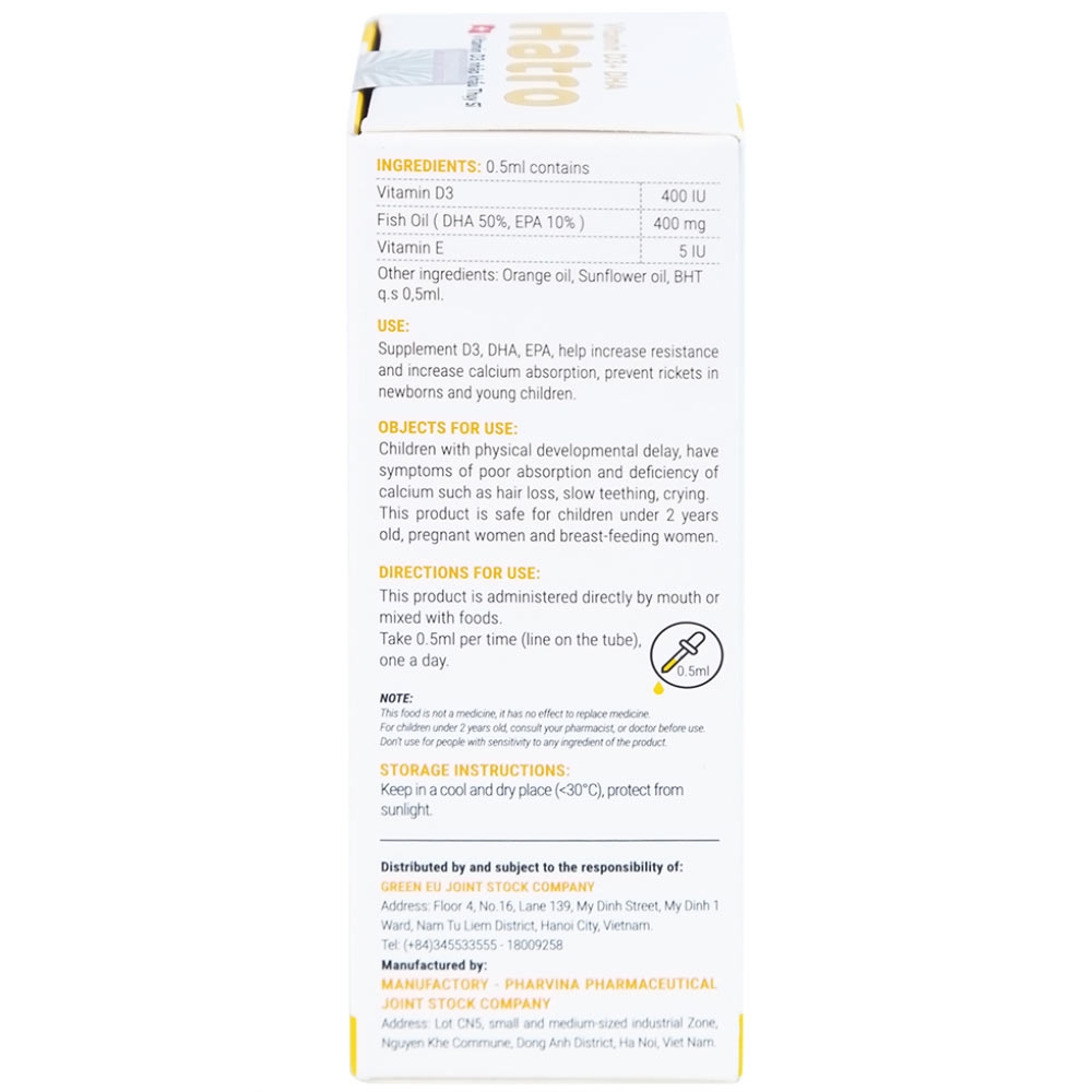 Hình ảnh Dung dịch Vitamin D3+ DHA Hatro Pharvina tăng sức đề kháng, giảm nguy cơ còi xương (20ml)