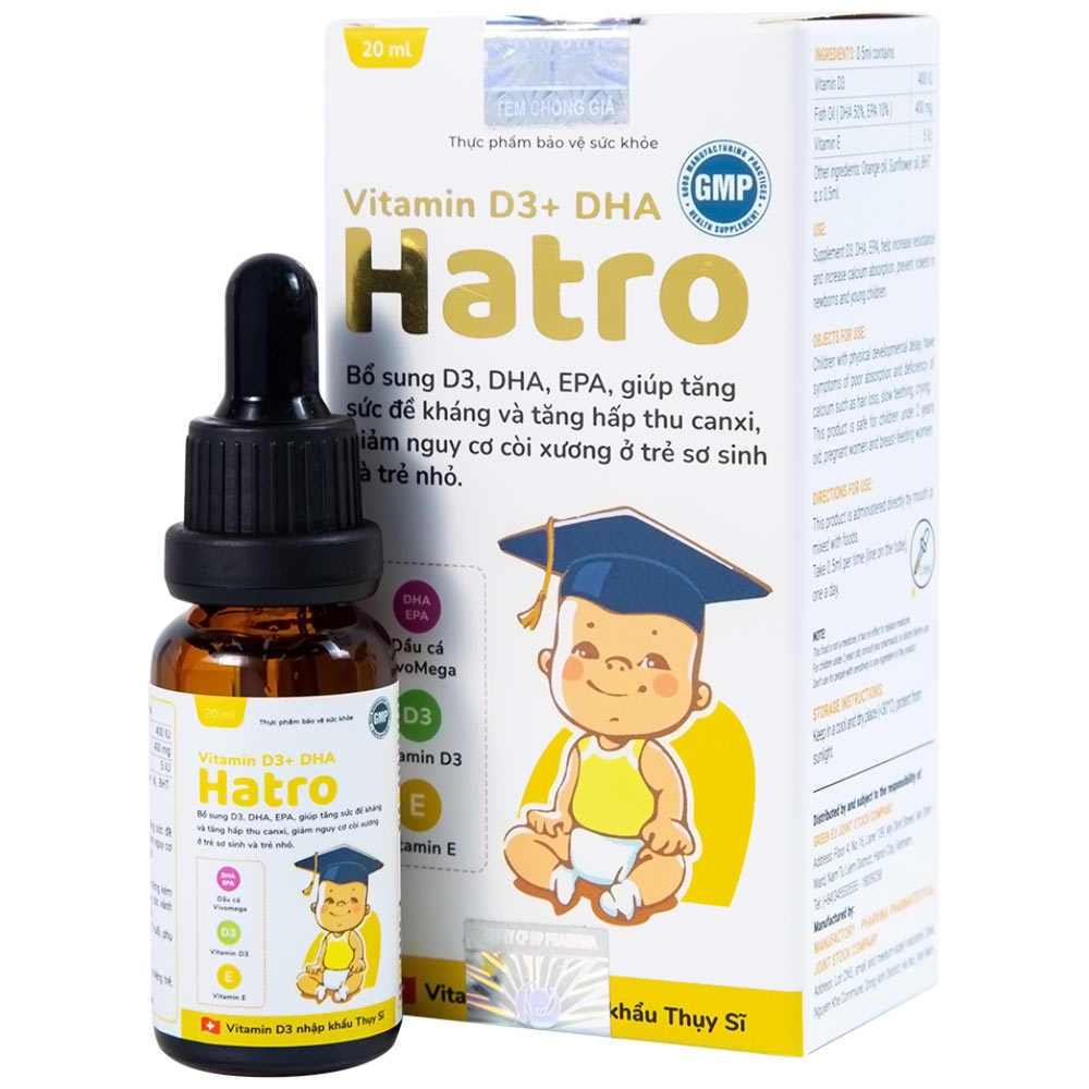 Hình ảnh Dung dịch Vitamin D3+ DHA Hatro Pharvina tăng sức đề kháng, giảm nguy cơ còi xương (20ml)