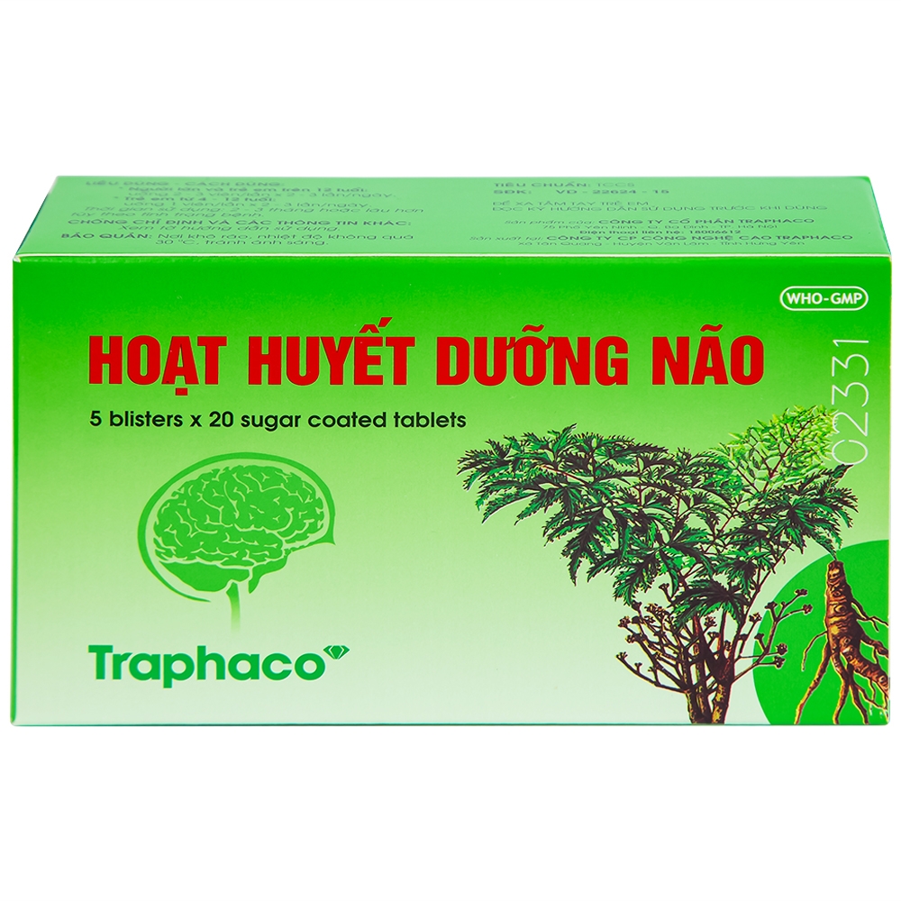 Hình ảnh Thuốc Hoạt Huyết Dưỡng Não bao đường Traphaco điều trị suy giảm trí nhớ, căng thẳng thần kinh (5 vỉ x 20 viên)