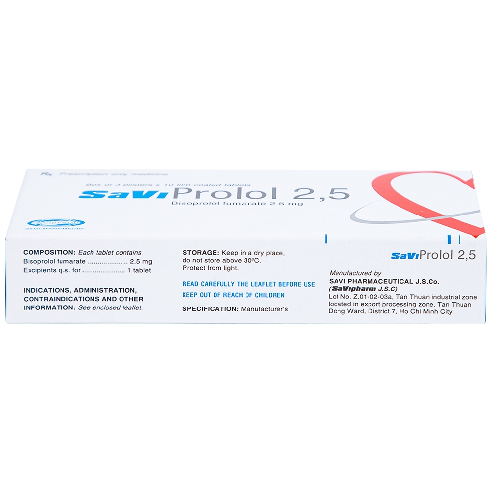 Hình ảnh Thuốc SaViProlol 2,5 điều trị tăng huyết áp, đau thắt ngực (3 vỉ x 10 viên) 
