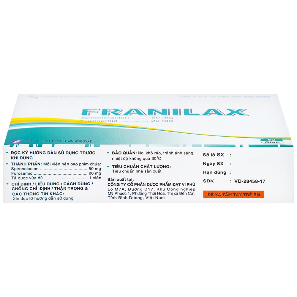 Hình ảnh Thuốc Franilax 50mg/20mg Davipharm ngăn chặn sự tích tụ nước trong cơ thể (3 vỉ x 10 viên)