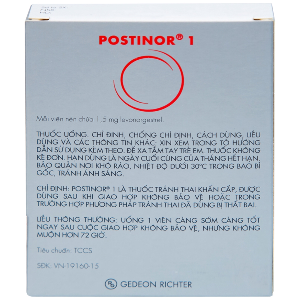 Hình ảnh Thuốc Postinor 1 Gedeon dùng tránh thai khẩn cấp trong vòng 72 giờ sau giao hợp (1 viên)