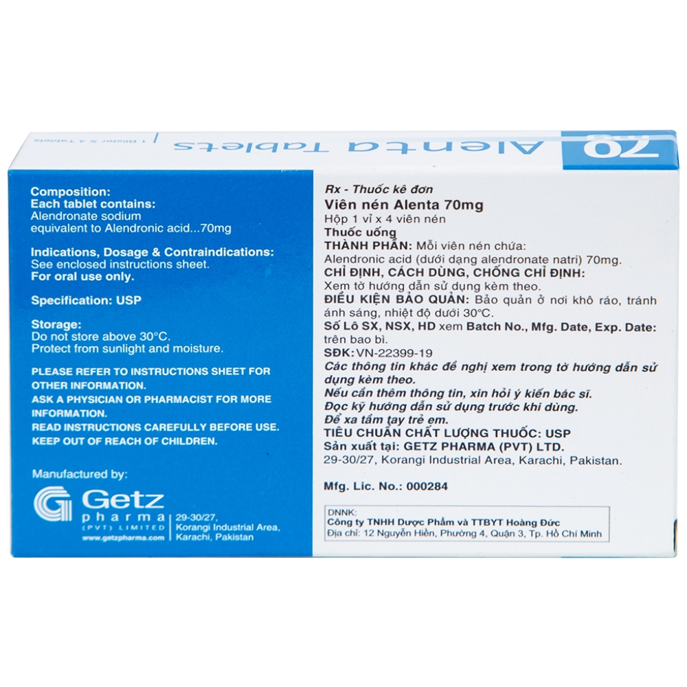 Hình ảnh Thuốc Alenta 70mg Getz điều trị loãng xương (1 vỉ x 4 viên)
