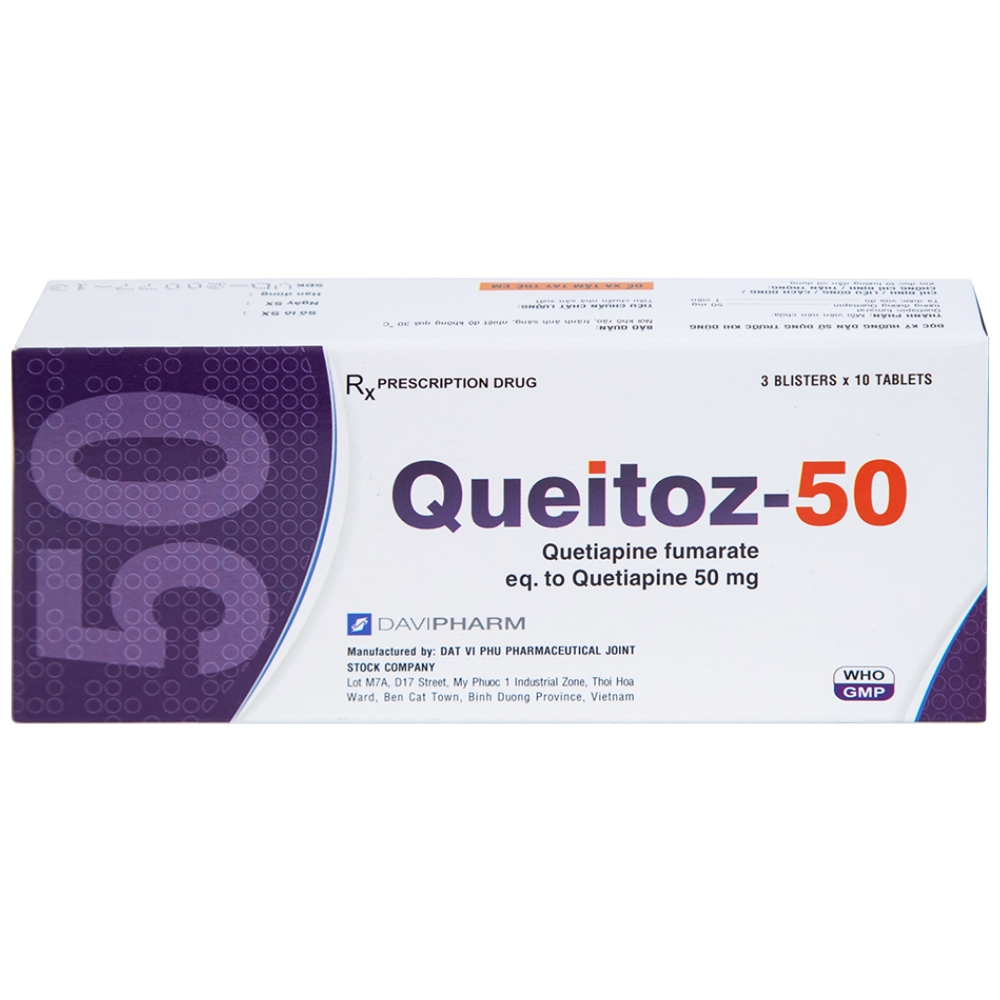 Hình ảnh Thuốc Queitoz-50 Davipharm điều trị tâm thần phân liệt, rối loạn lưỡng cực (3 vỉ x 10 viên)