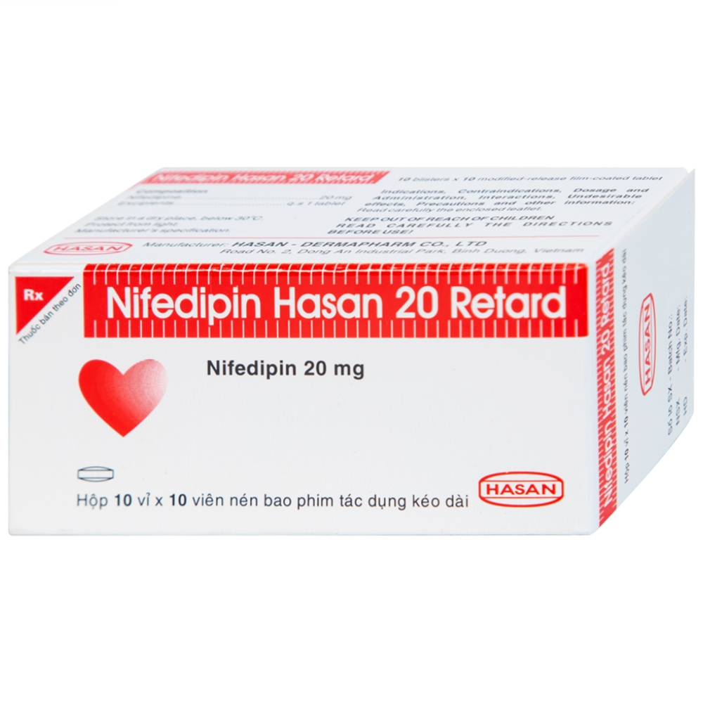 Hình ảnh Viên nén Nifedipin Hasan 20 Retard Hasan điều trị tăng huyết áp (10 vỉ x 10 viên)