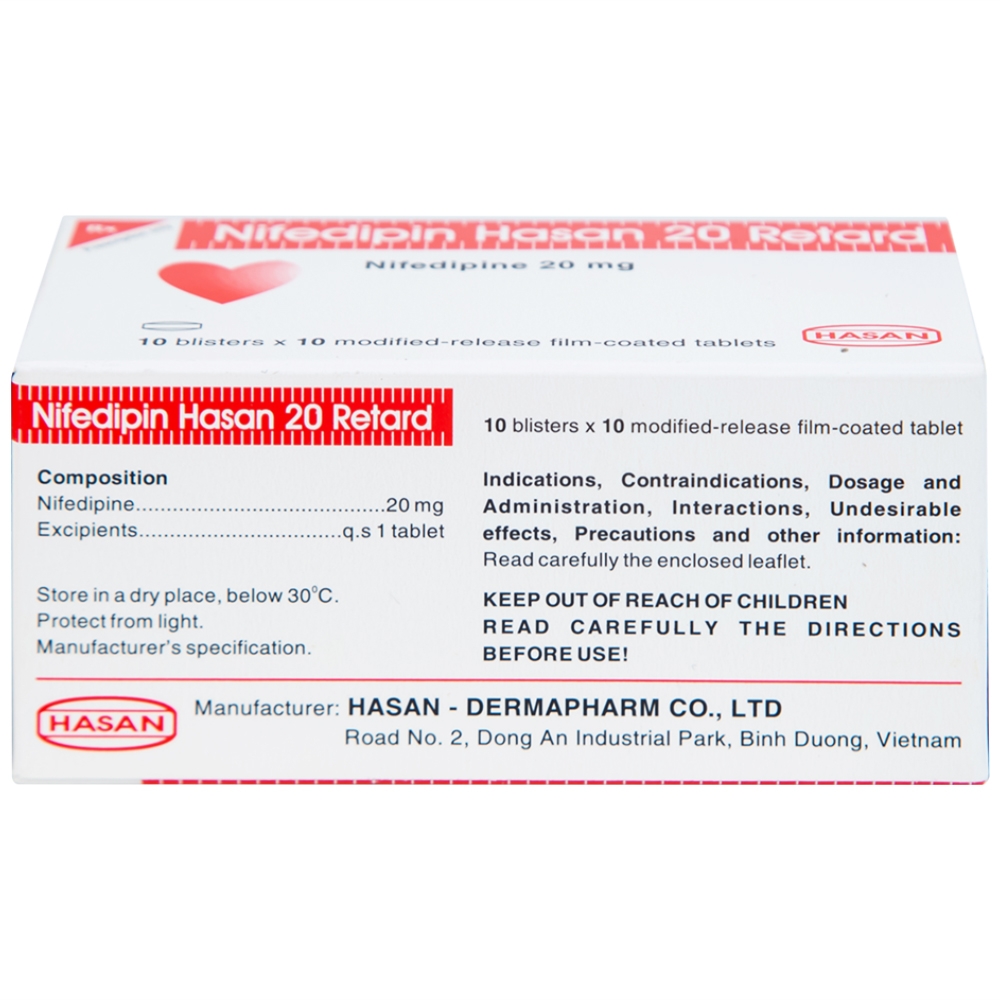 Hình ảnh Viên nén Nifedipin Hasan 20 Retard Hasan điều trị tăng huyết áp (10 vỉ x 10 viên)