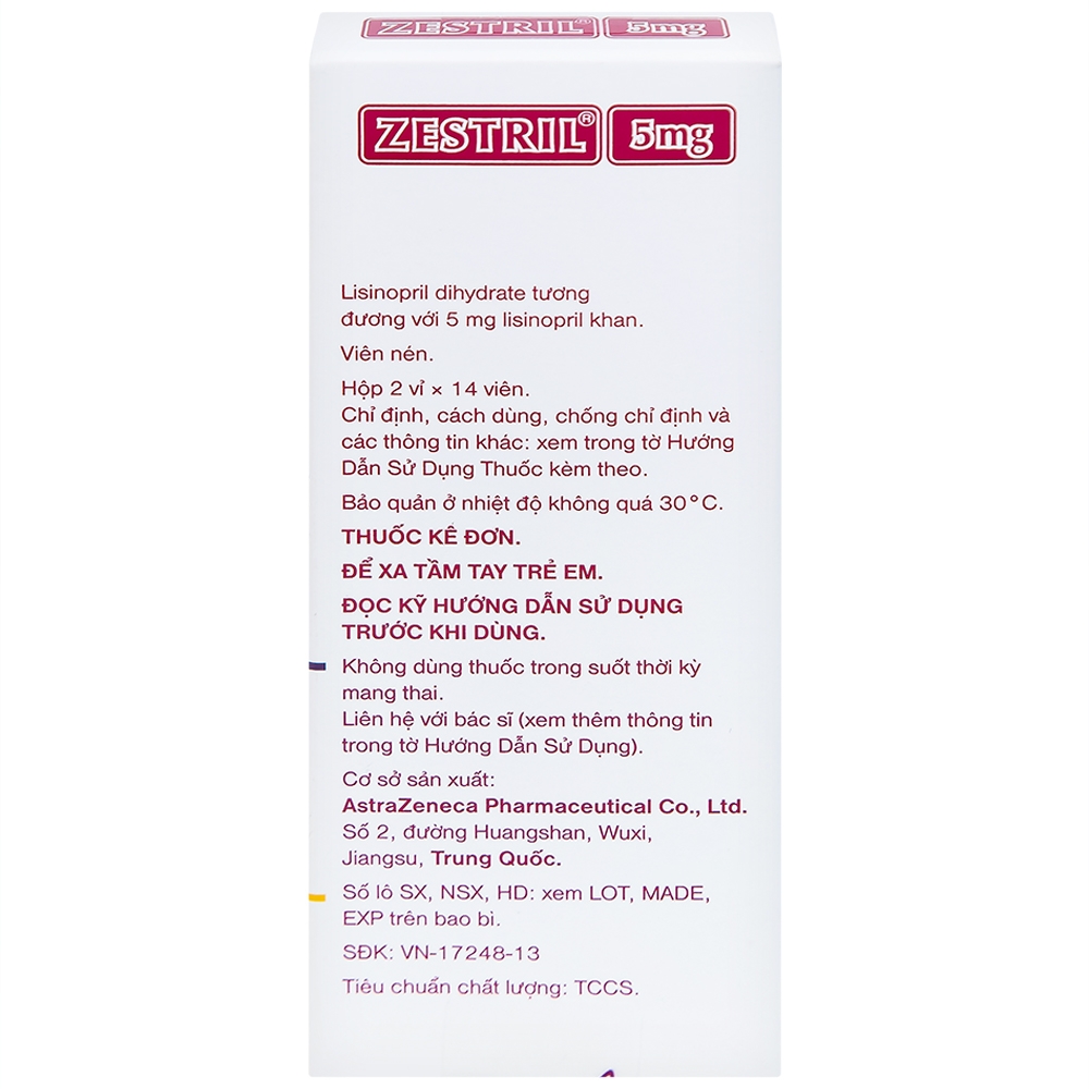 Hình ảnh Thuốc Zestril 5mg AstraZeneca điều trị tăng huyết áp, suy tim (2 vỉ x 14 viên)