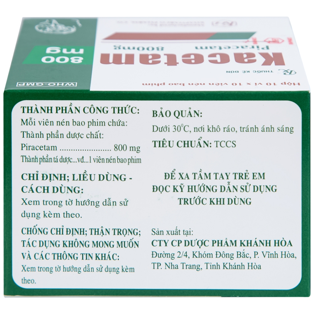 Hình ảnh Viên nén Kacetam 800mg Khapharco điều trị rung giật cơ có nguồn gốc vỏ não, thiếu máu não (10 vỉ x 10 viên)