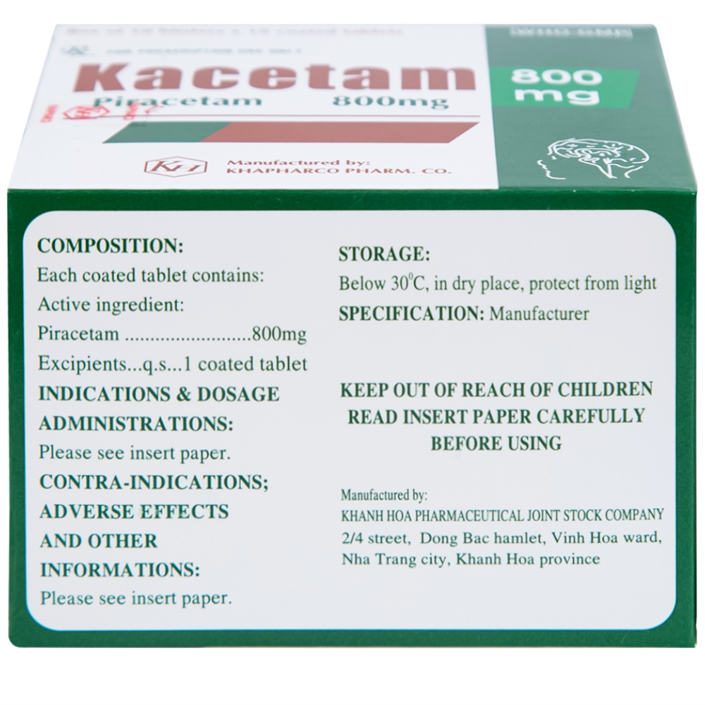 Hình ảnh Viên nén Kacetam 800mg Khapharco điều trị rung giật cơ có nguồn gốc vỏ não, thiếu máu não (10 vỉ x 10 viên)