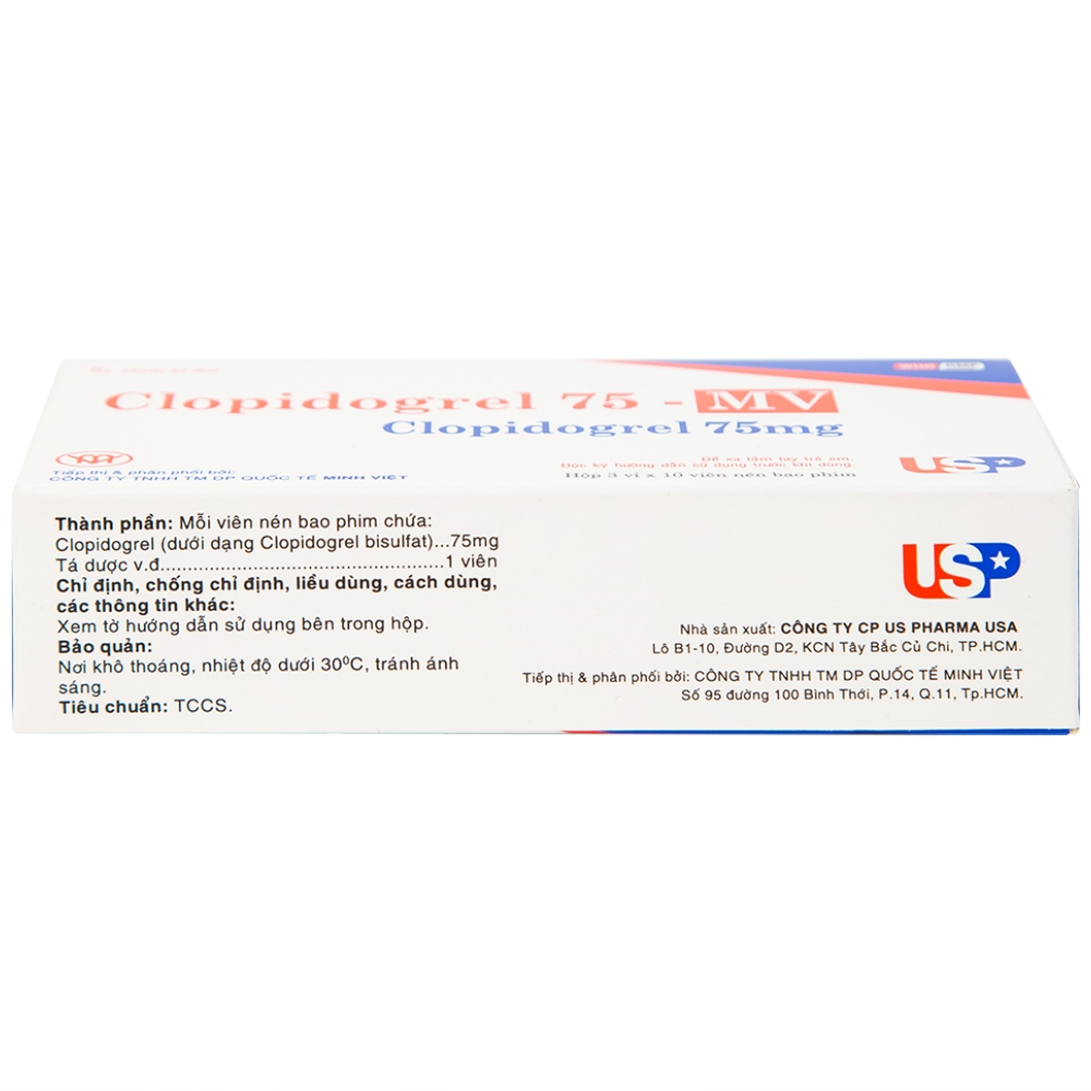 Hình ảnh Thuốc Clopidogrel 75 - MV USP làm giảm hay dự phòng các biến cố huyết khối (3 vỉ x 10 viên)