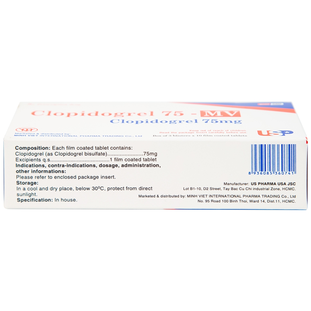 Hình ảnh Thuốc Clopidogrel 75 - MV USP làm giảm hay dự phòng các biến cố huyết khối (3 vỉ x 10 viên)