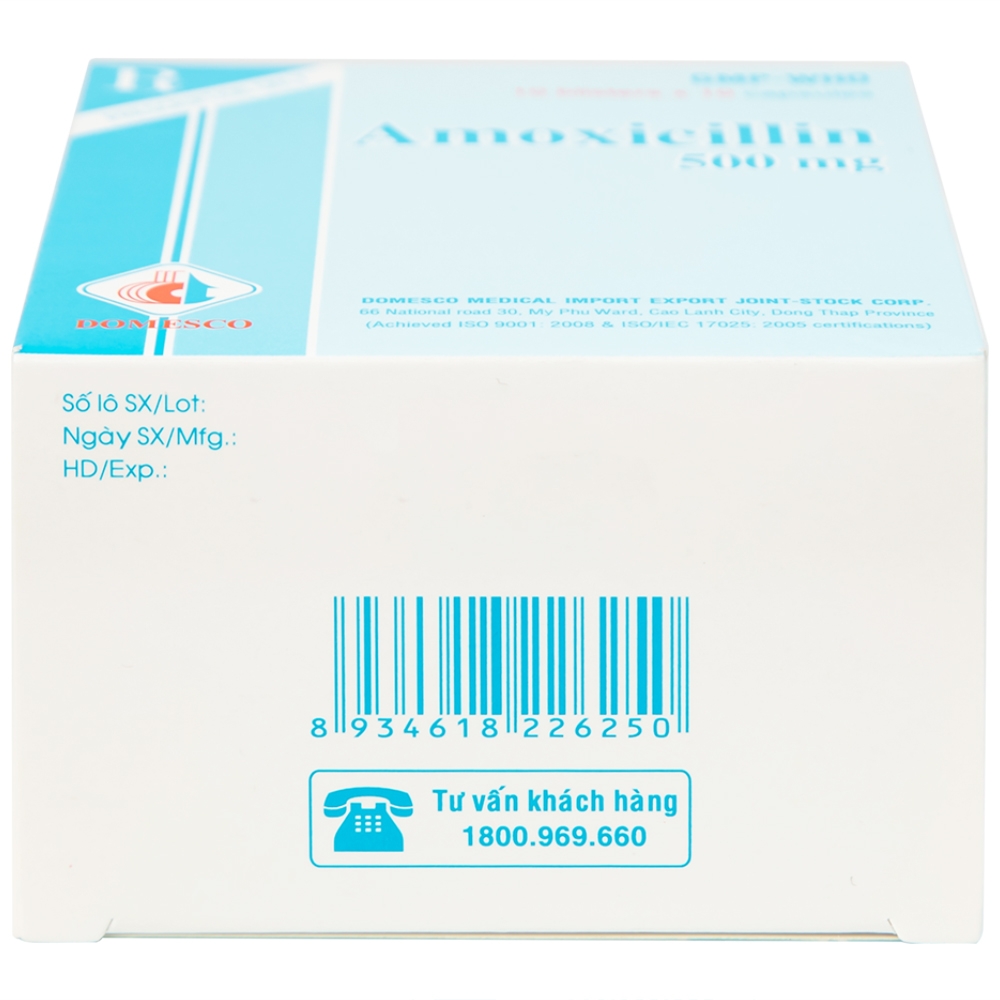 Hình ảnh Thuốc Amoxicillin 500mg Domesco điều trị nhiễm khuẩn (10 vỉ x 10 viên)