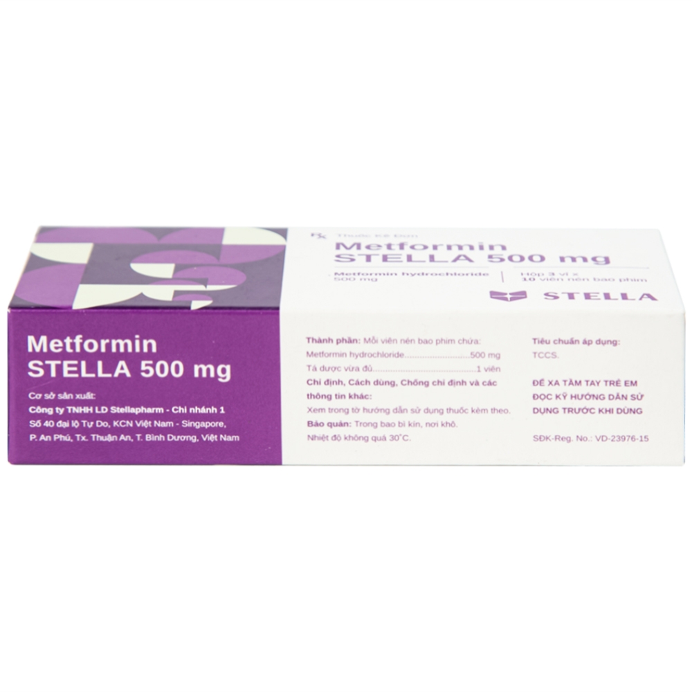 Hình ảnh Viên nén Metformin Stella 500mg điều trị bệnh đái tháo đường típ 2 (3 vỉ x 10 viên)