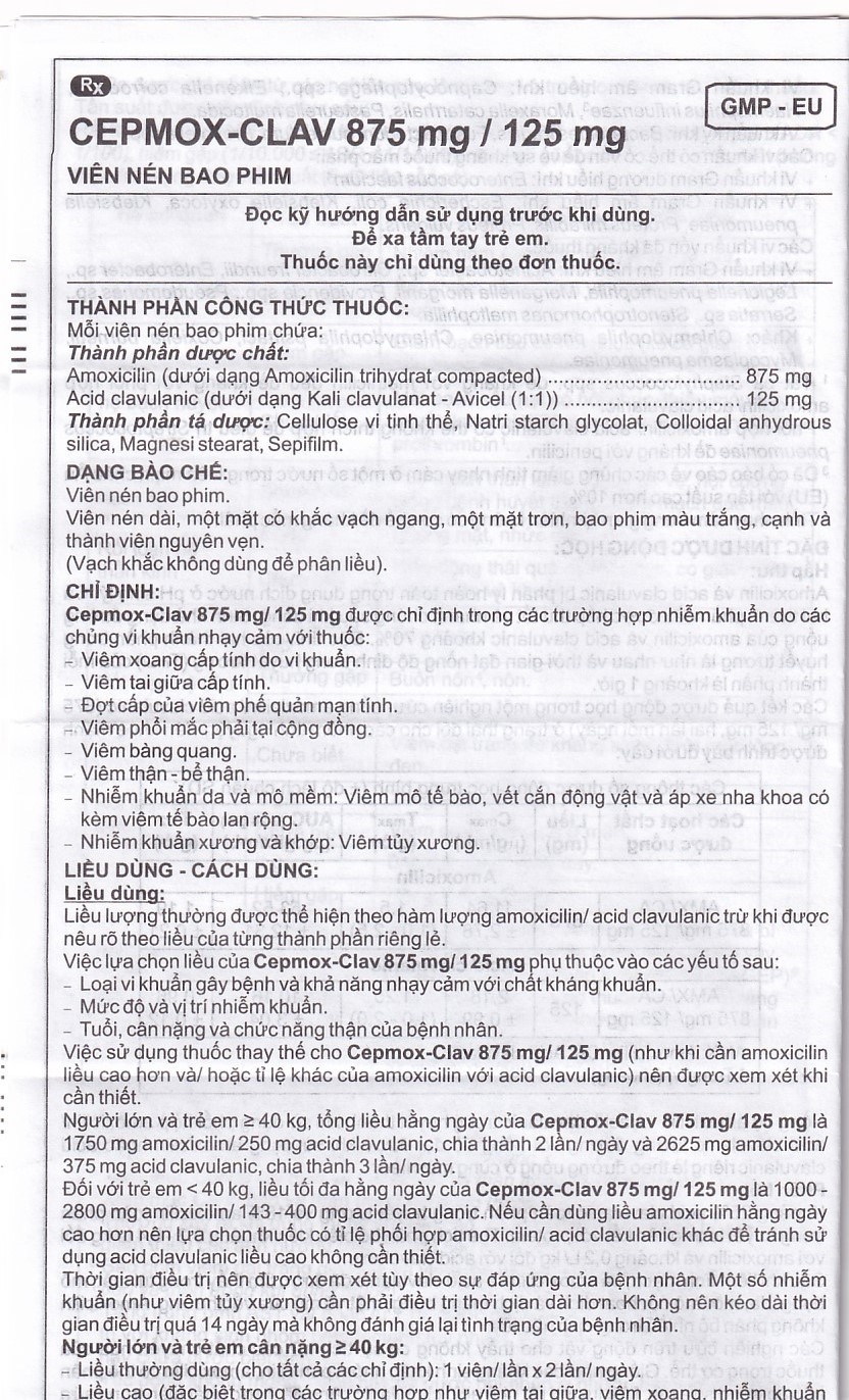 Hình ảnh Thuốc Cepmox-Clav 875mg/125mg Imexpharm điều trị viêm xoang cấp tính do vi khuẩn, viêm tai giữa cấp tính (2 vỉ x 7 viên)