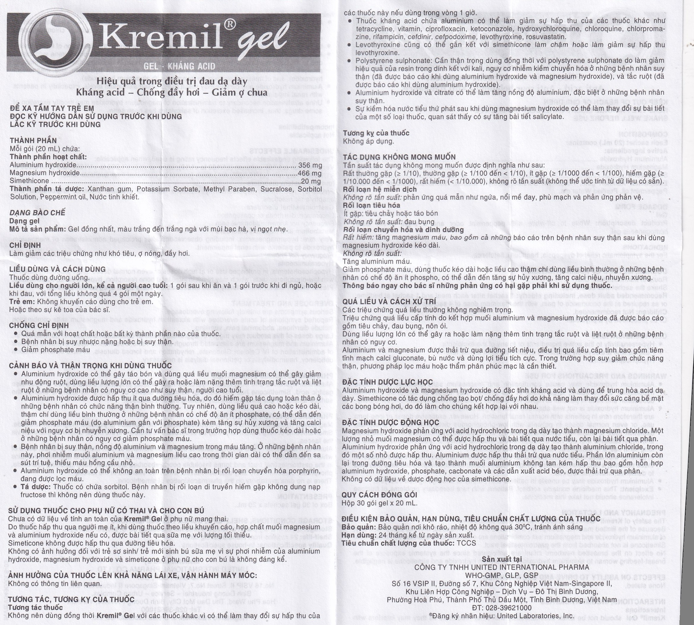 Hình ảnh Dung dịch Kremil Gel United Pharma giảm loét dạ dày - tá tràng, viêm thực quản (30 gói x 20ml)