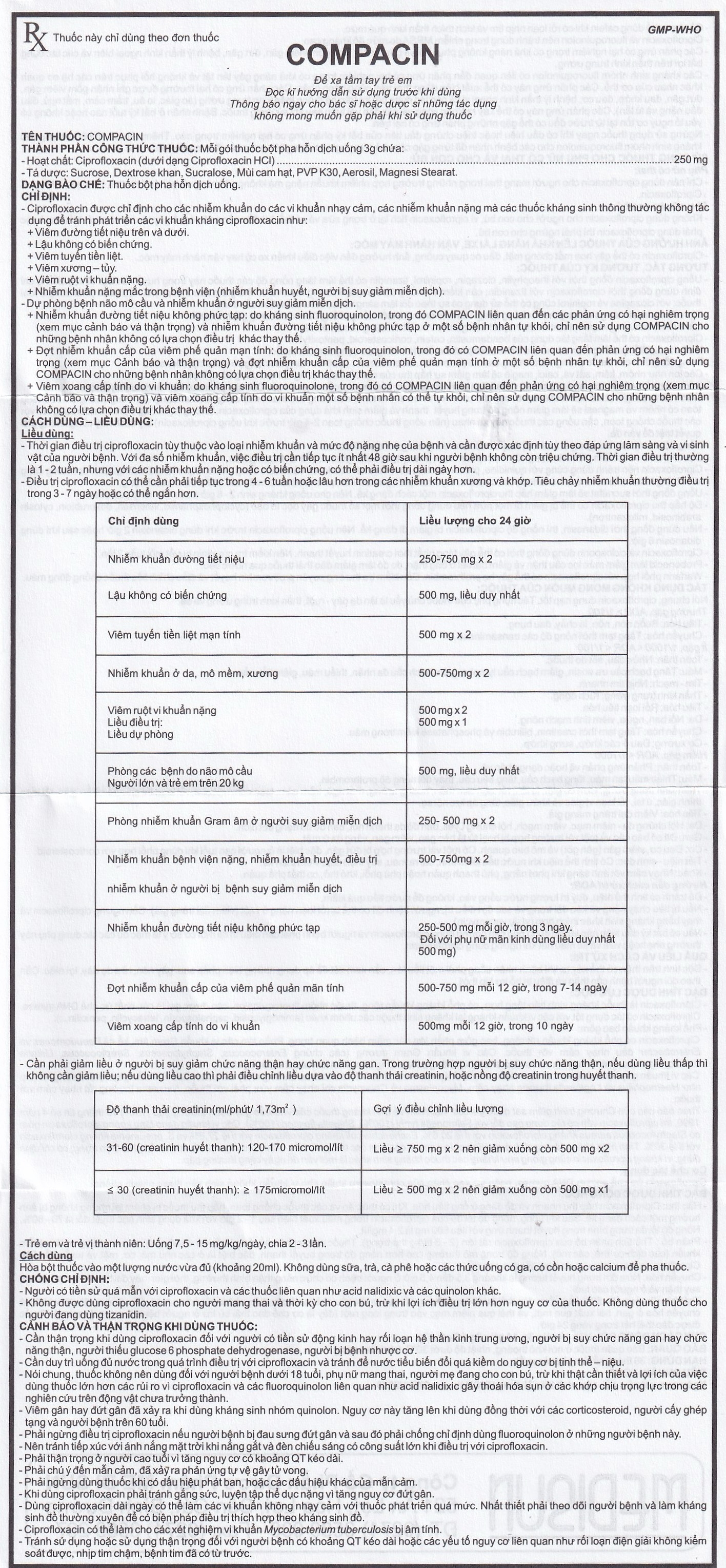 Hình ảnh Bột pha hỗn dịch uống Compacin 250mg Medisun dùng cho các nhiễm khuẩn do các vi khuẩn nhạy cảm (20 gói)