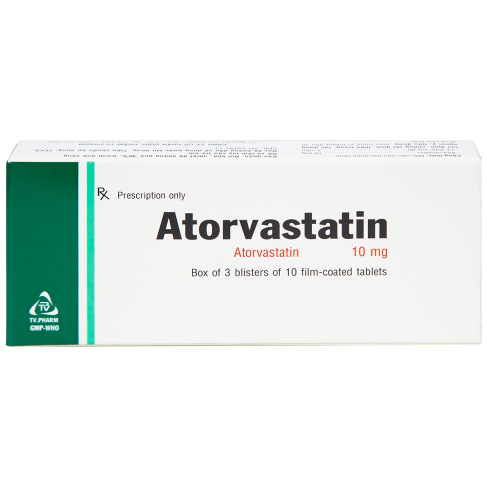 Hình ảnh Thuốc Atorvastatin 10mg TV.Pharm điều trị tăng cholesterol toàn phần, LDL-cholesterol (3 vỉ x 10 viên)