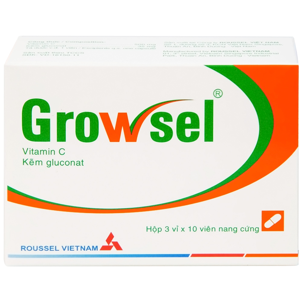 Hình ảnh Thuốc Growsel Roussel điều trị bệnh do thiếu vitamin C và kẽm (3 vỉ x 10 viên)