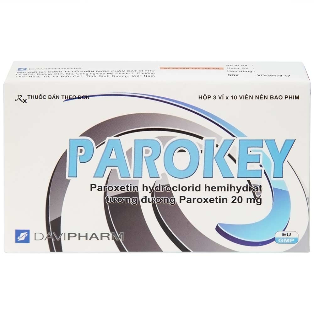 Hình ảnh Viên nén Parokey 20mg DaViPharm điều trị trầm cảm, rối loạn ám ảnh cưỡng bức (3 vỉ x 10 viên) 