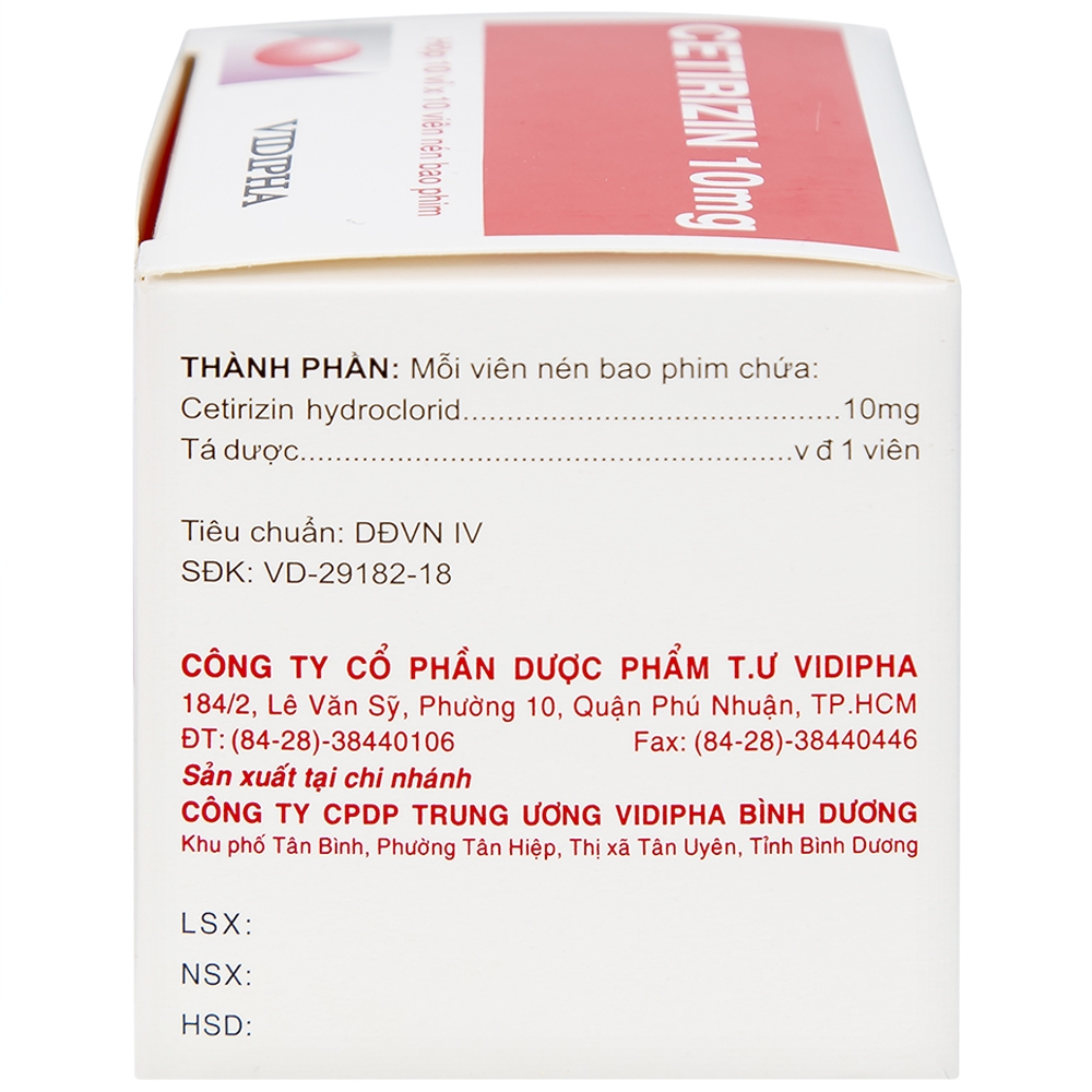 Hình ảnh Thuốc Cetirizin 10mg Vidipha điều trị triệu chứng viêm mũi dị ứng, mày đay (10 vỉ x 10 viên)
