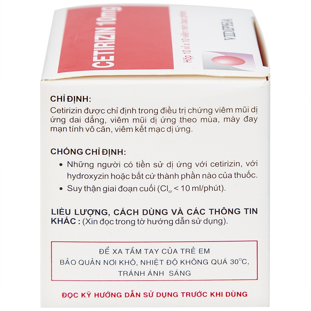 Hình ảnh Thuốc Cetirizin 10mg Vidipha điều trị triệu chứng viêm mũi dị ứng, mày đay (10 vỉ x 10 viên)