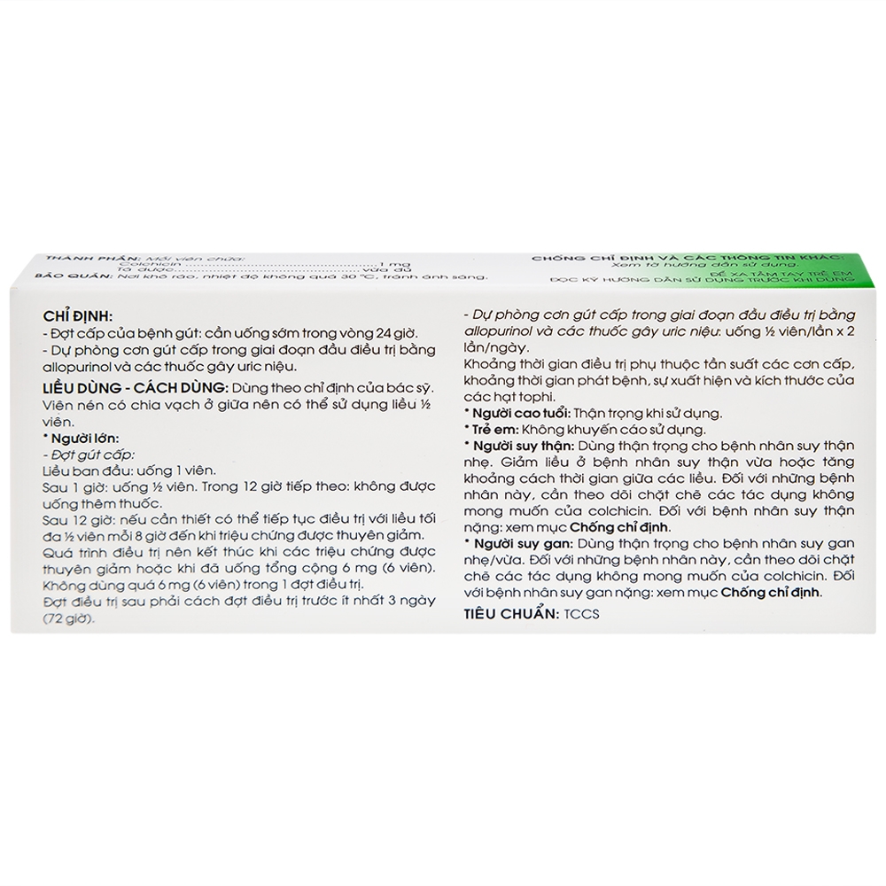 Hình ảnh Thuốc Colchicin 1mg Traphaco phòng tái phát viêm khớp do gút và điều trị dài ngày bệnh gút (1 vỉ x 20 viên)