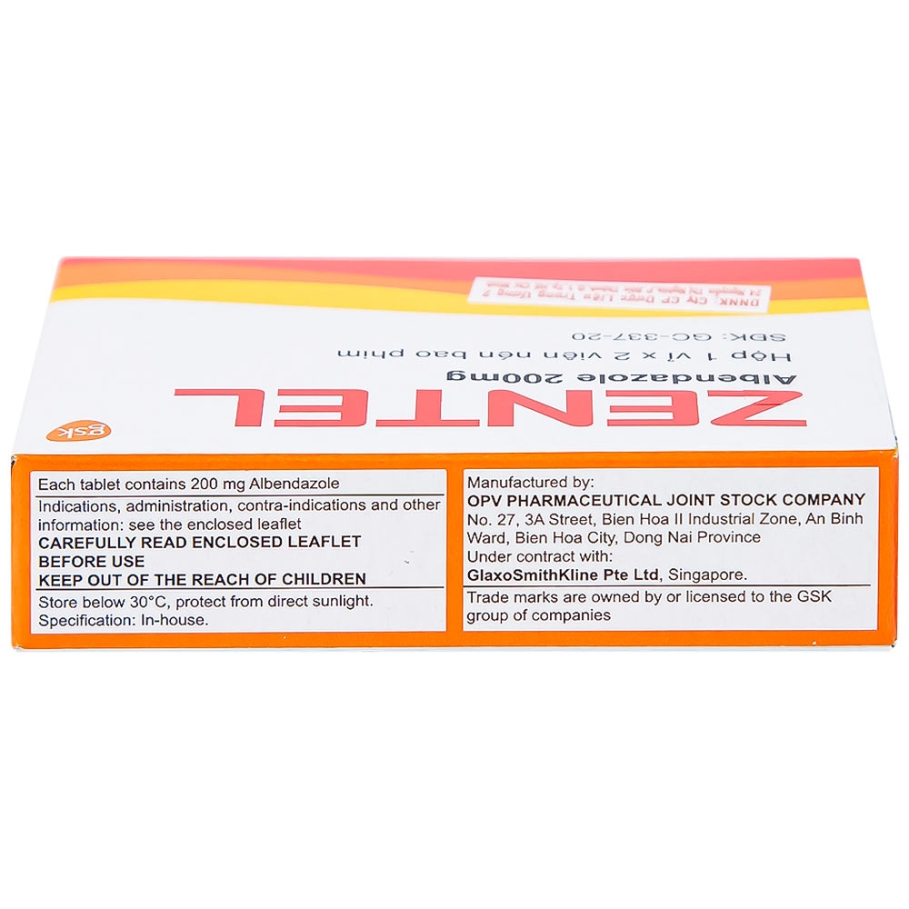 Hình ảnh Thuốc Zentel Albendazole 200mg GSK điều trị các loại giun đường ruột nhạy cảm (1 vỉ x 2 viên)