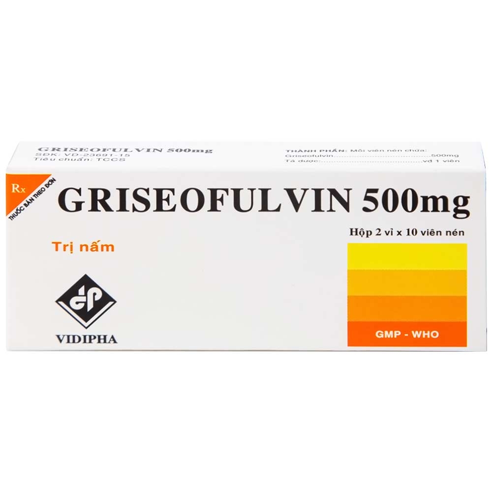 Hình ảnh Thuốc Griseofulvin 500mg Vidipha điều trị các bệnh nấm da, tóc, lông, móng tay, móng chân (2 vỉ x 10 viên)
