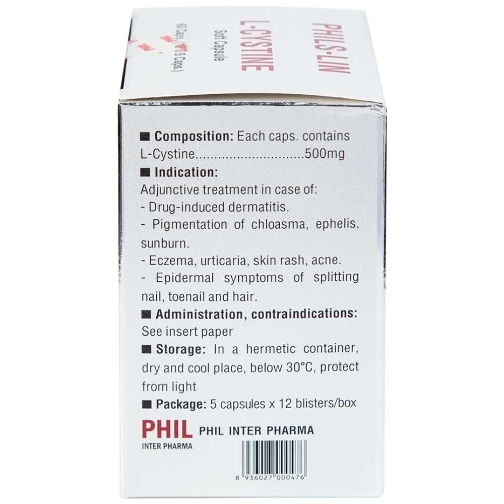 Hình ảnh Viên nang mềm L-Cystine 500mg Phils Lin hỗ trợ điều trị viêm da do thuốc, sạm da, tàn nhang (12 vỉ x 5 viên)