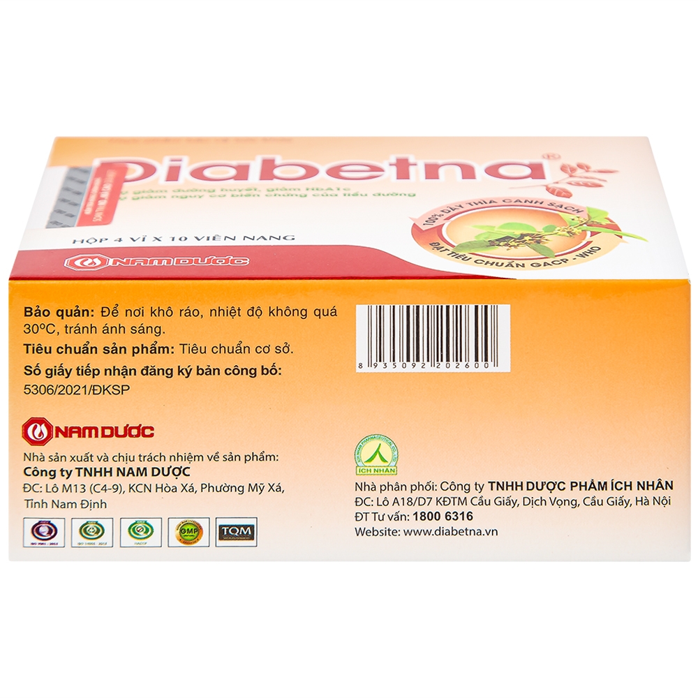 Hình ảnh Viên uống Diabetna Nam Dược hỗ trợ giảm đường huyết, giảm HbA1c (4 vỉ x 10 viên)