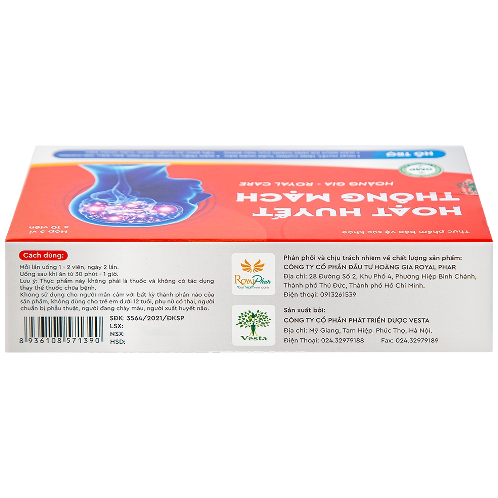 Hình ảnh Viên uống Hoạt Huyết Thông Mạch Hoàng Gia Royal Care tăng cường tuần hoàn não (3 vỉ x 10 viên)