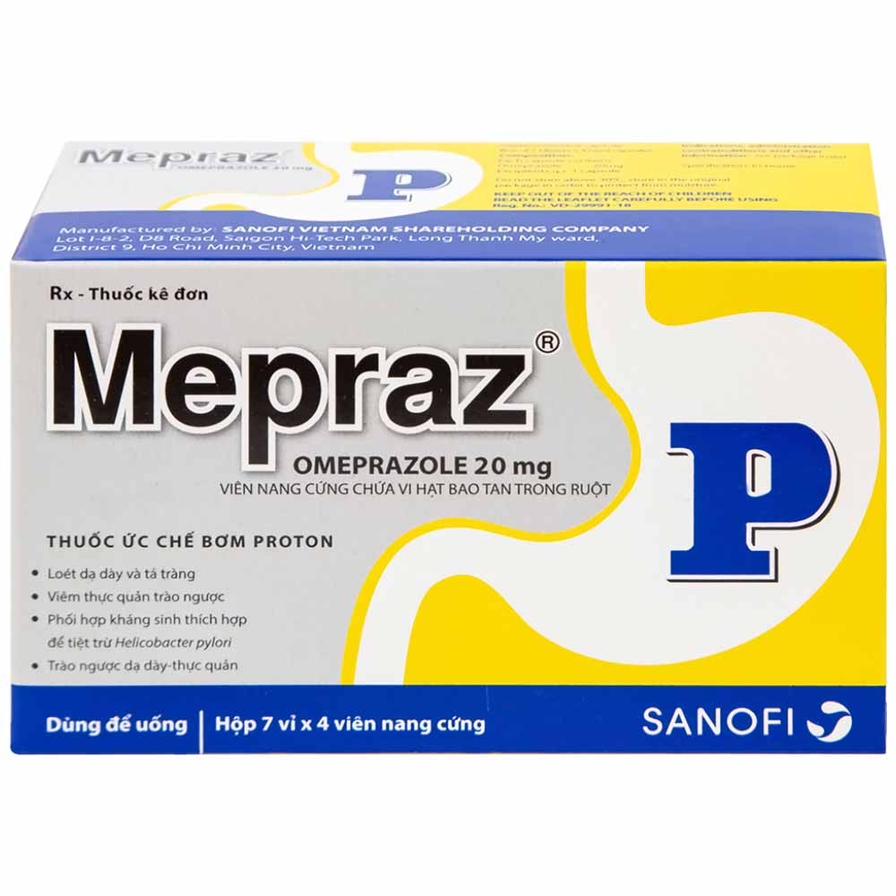 Hình ảnh Viên nang cứng Mepraz 20mg Sanofi điều trị loét dạ dày tá tràng, viêm thực quản trào ngược (7 vỉ x 4 viên)