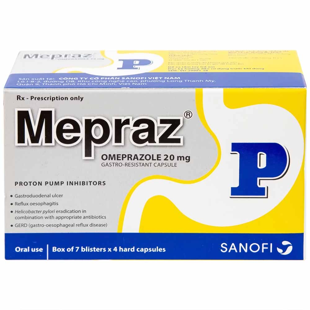 Hình ảnh Viên nang cứng Mepraz 20mg Sanofi điều trị loét dạ dày tá tràng, viêm thực quản trào ngược (7 vỉ x 4 viên)