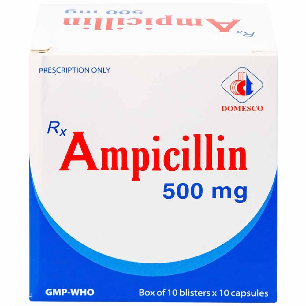 Hình ảnh Thuốc Ampicillin 500mg Domesco điều trị nhiễm khuẩn (10 vỉ x 10 viên)