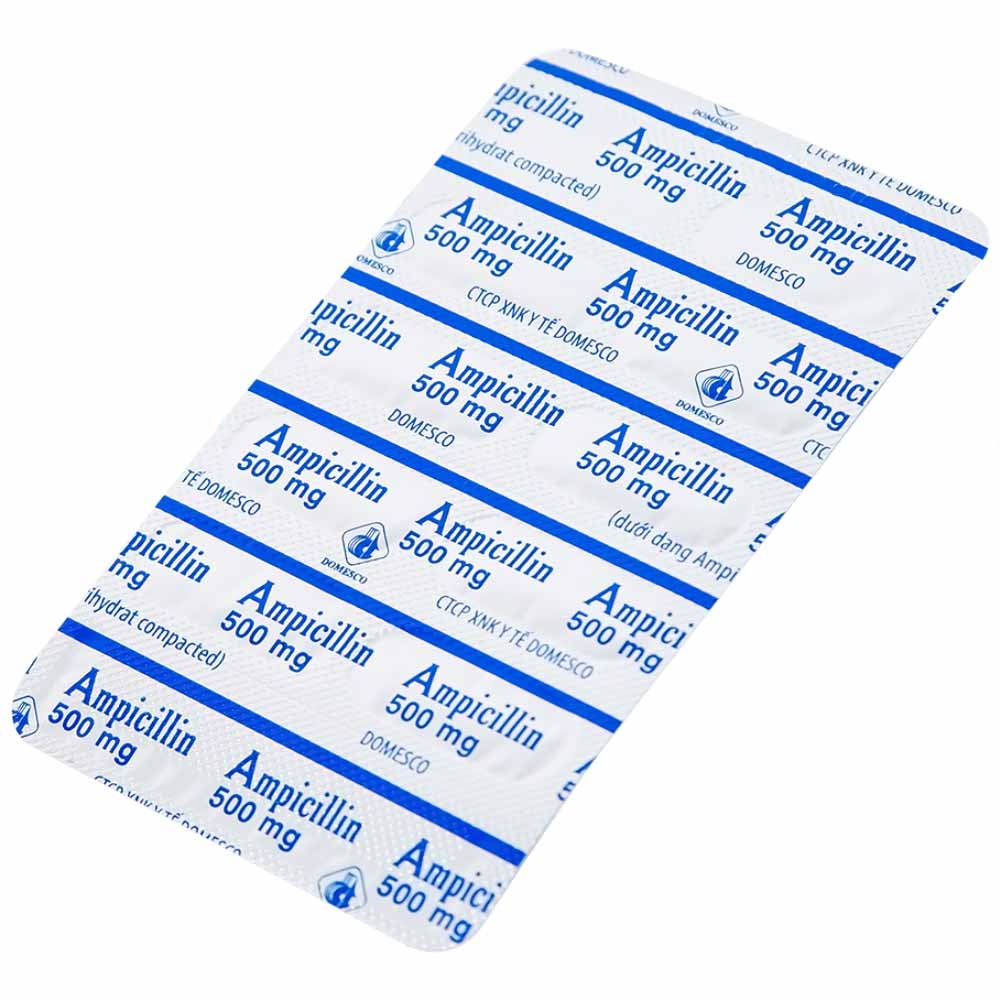 Hình ảnh Thuốc Ampicillin 500mg Domesco điều trị nhiễm khuẩn (10 vỉ x 10 viên)