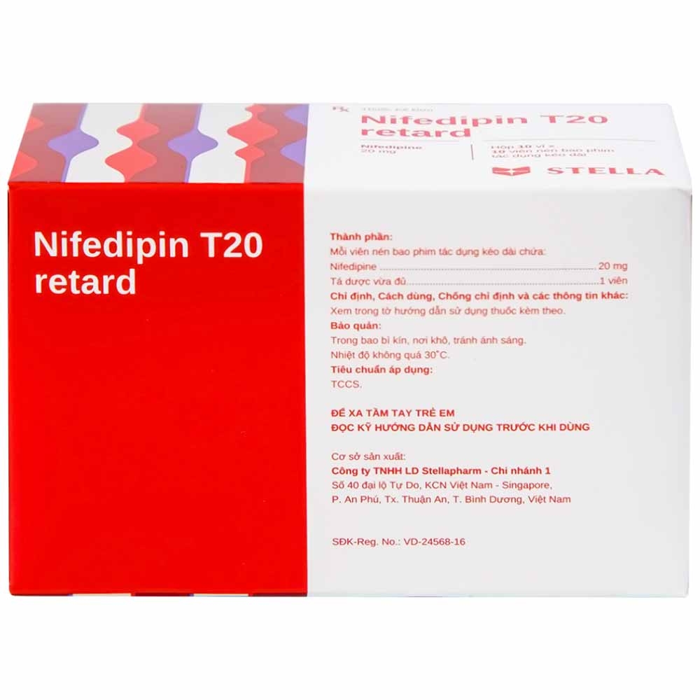 Hình ảnh Viên nén Nifedipin T20 retard Stella dự phòng đau thắt ngực, điều trị tăng huyết áp (10 vỉ x 10 viên) 