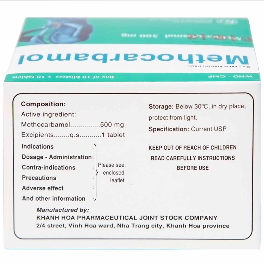 Hình ảnh Viên nén Methocarbamol 500mg Khapharco điều trị ngắn hạn cơn đau, co thắt cơ, bong gân (10 vỉ x 10 viên)