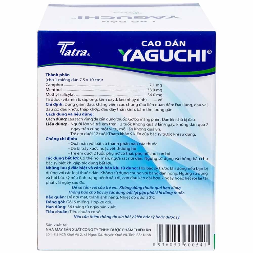 Hình ảnh Cao dán Yaguchi Tatra giảm đau, kháng viêm trong các cơn đau vai, đau lưng (5 miếng)