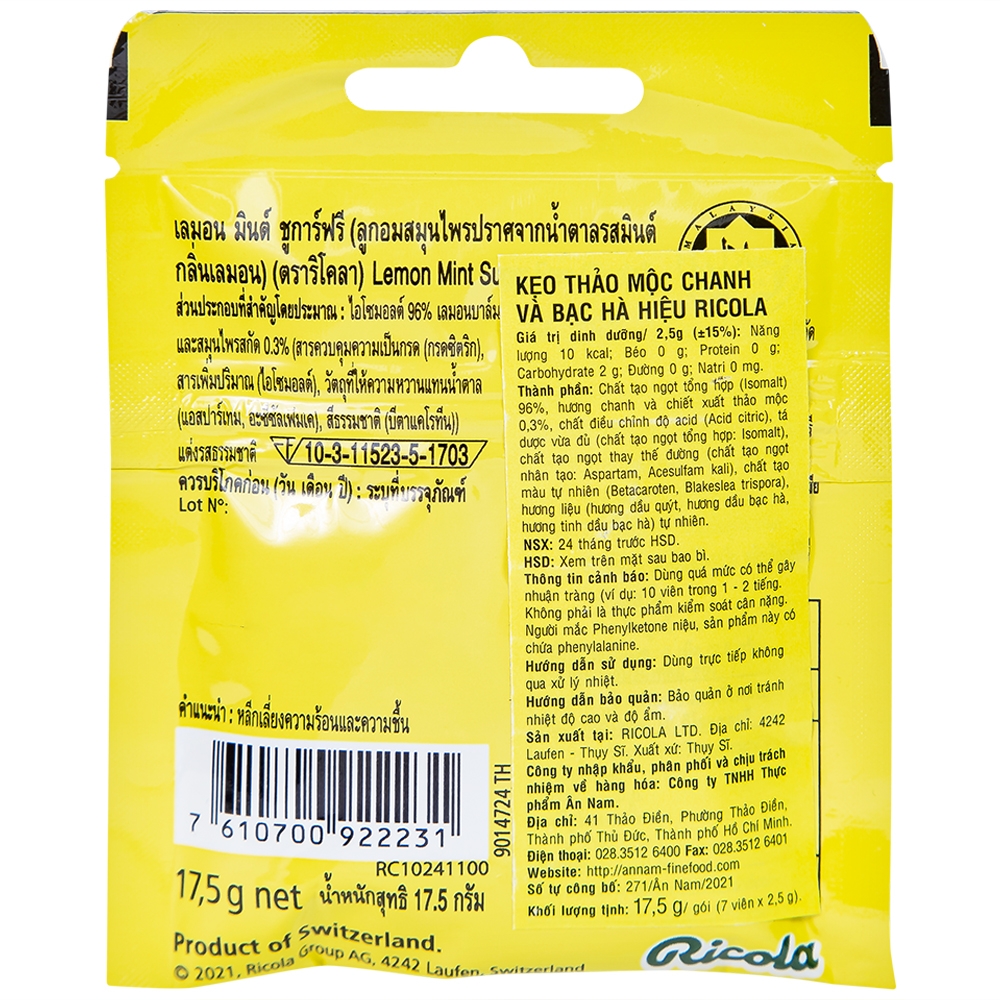 Hình ảnh Kẹo ngậm không đường Ricola Lemon Mint thông cổ, mát họng, làm dịu cơn ho (17.5g)